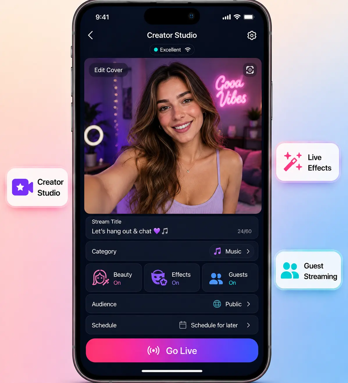 Bigo Live streamer features app mockup