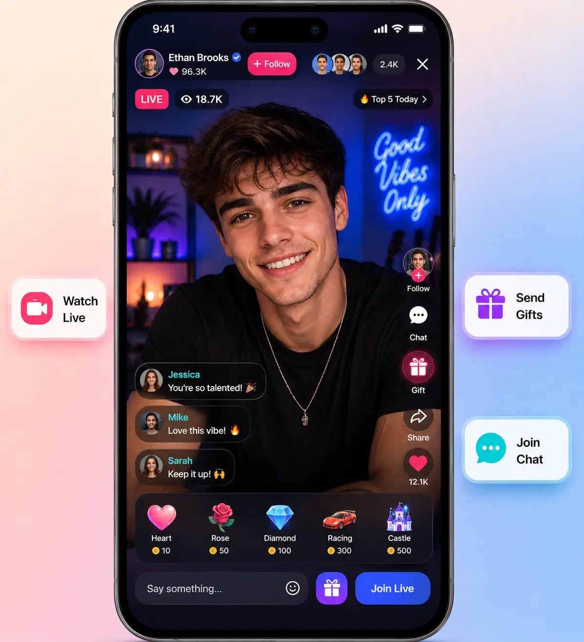 Bigo Live viewer features app mockup