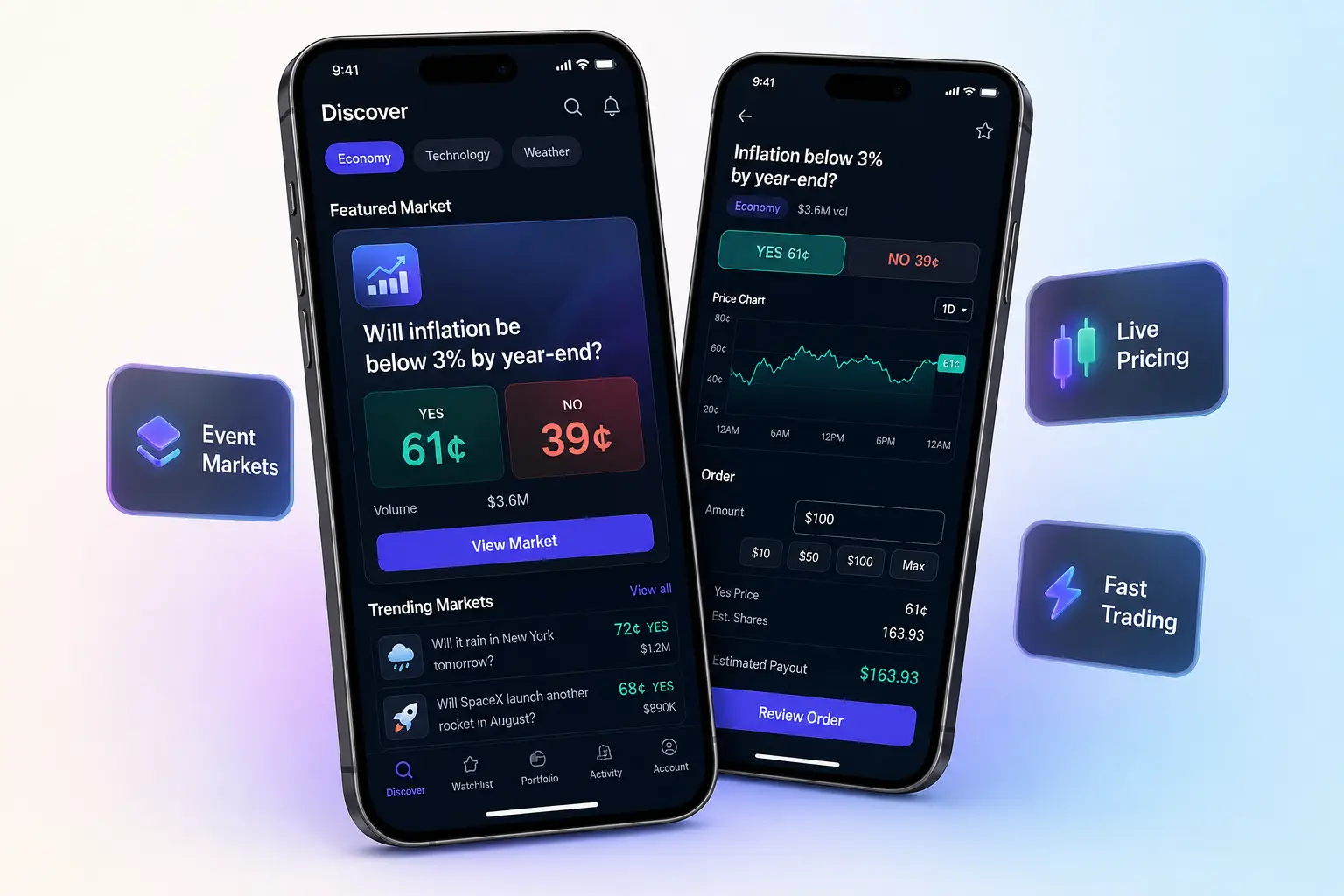 Kalshi clone mobile trading dashboard mockup