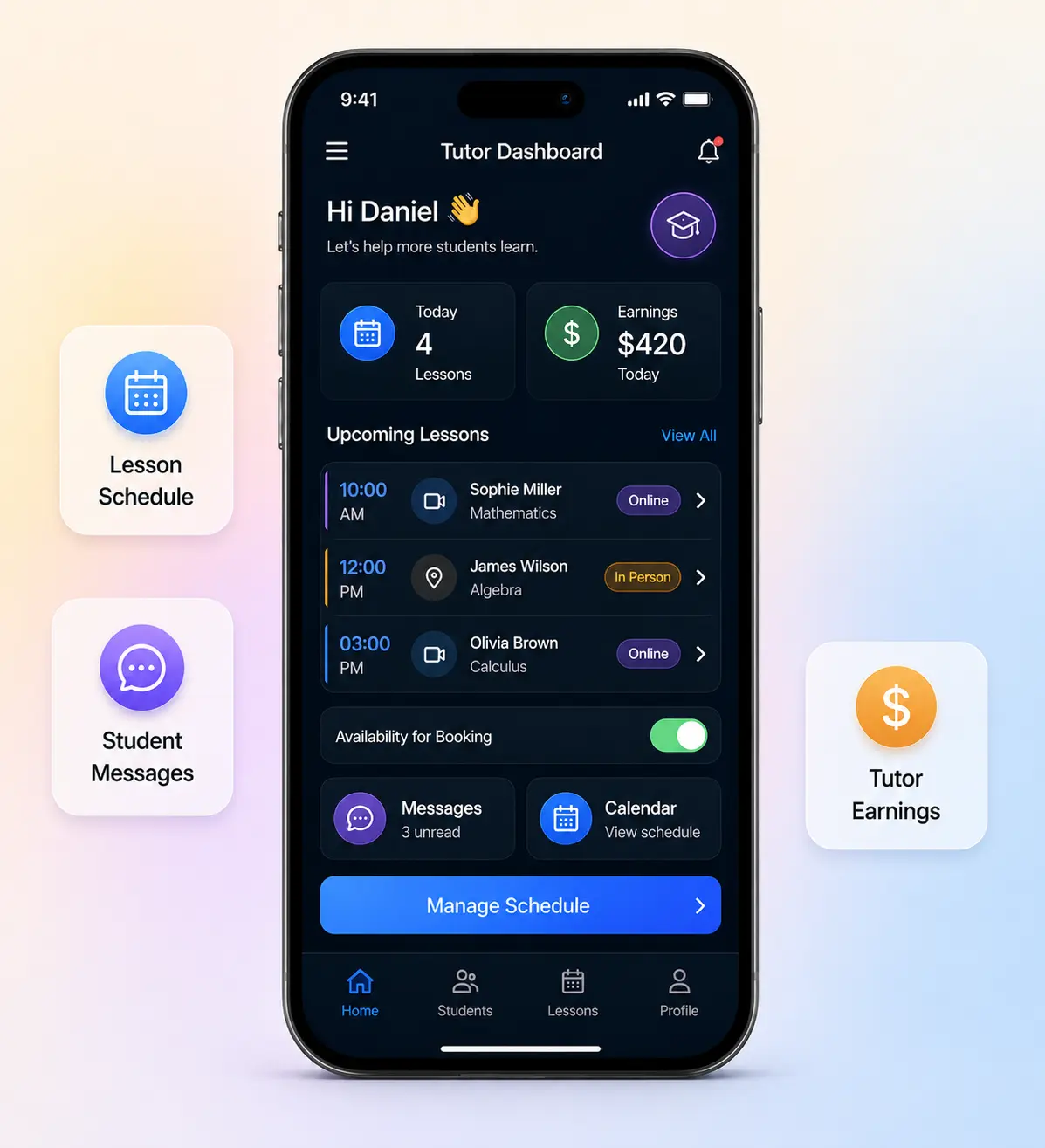 Tutor dashboard interface mockup