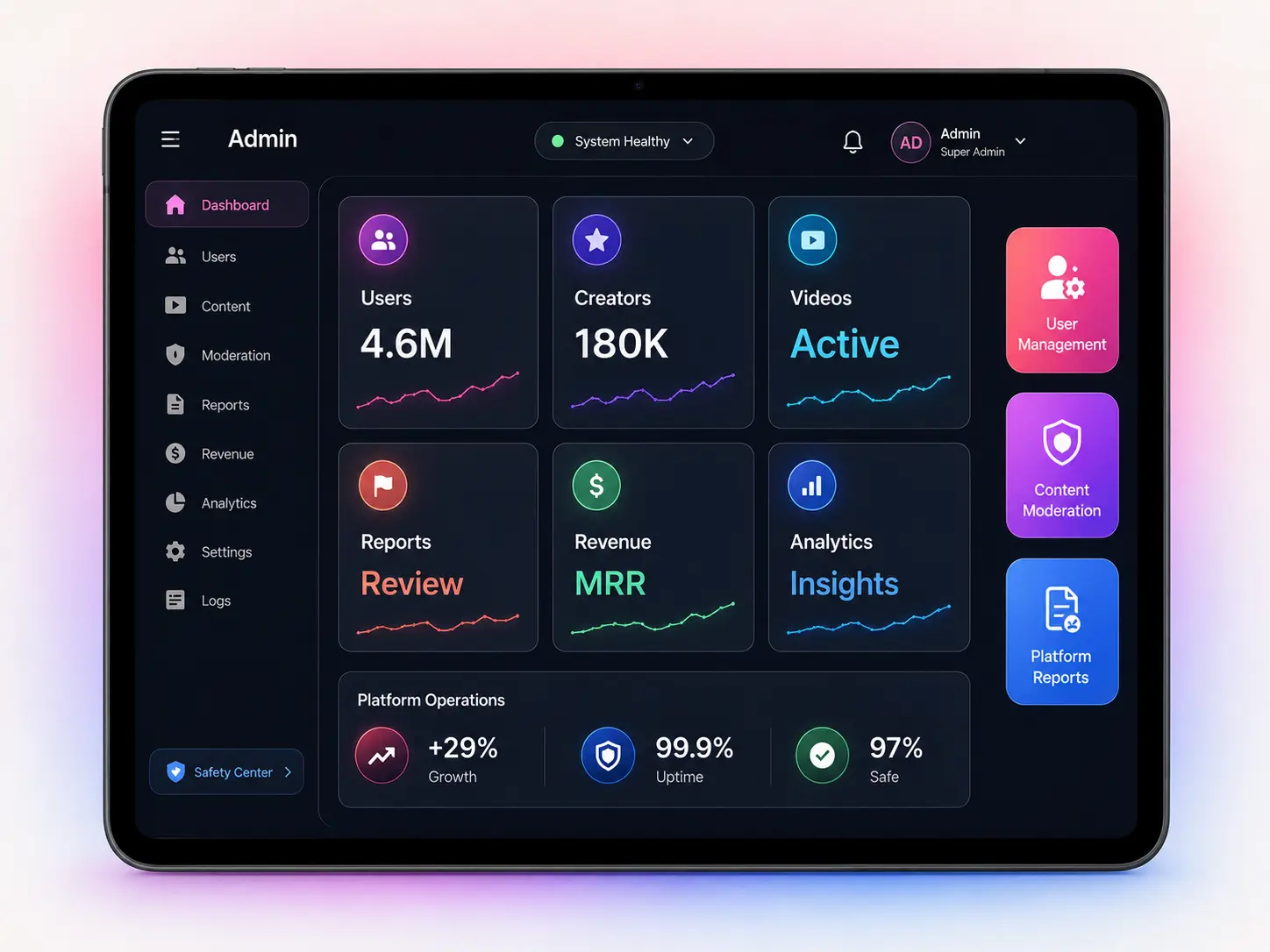 Triller clone admin dashboard tablet mockup