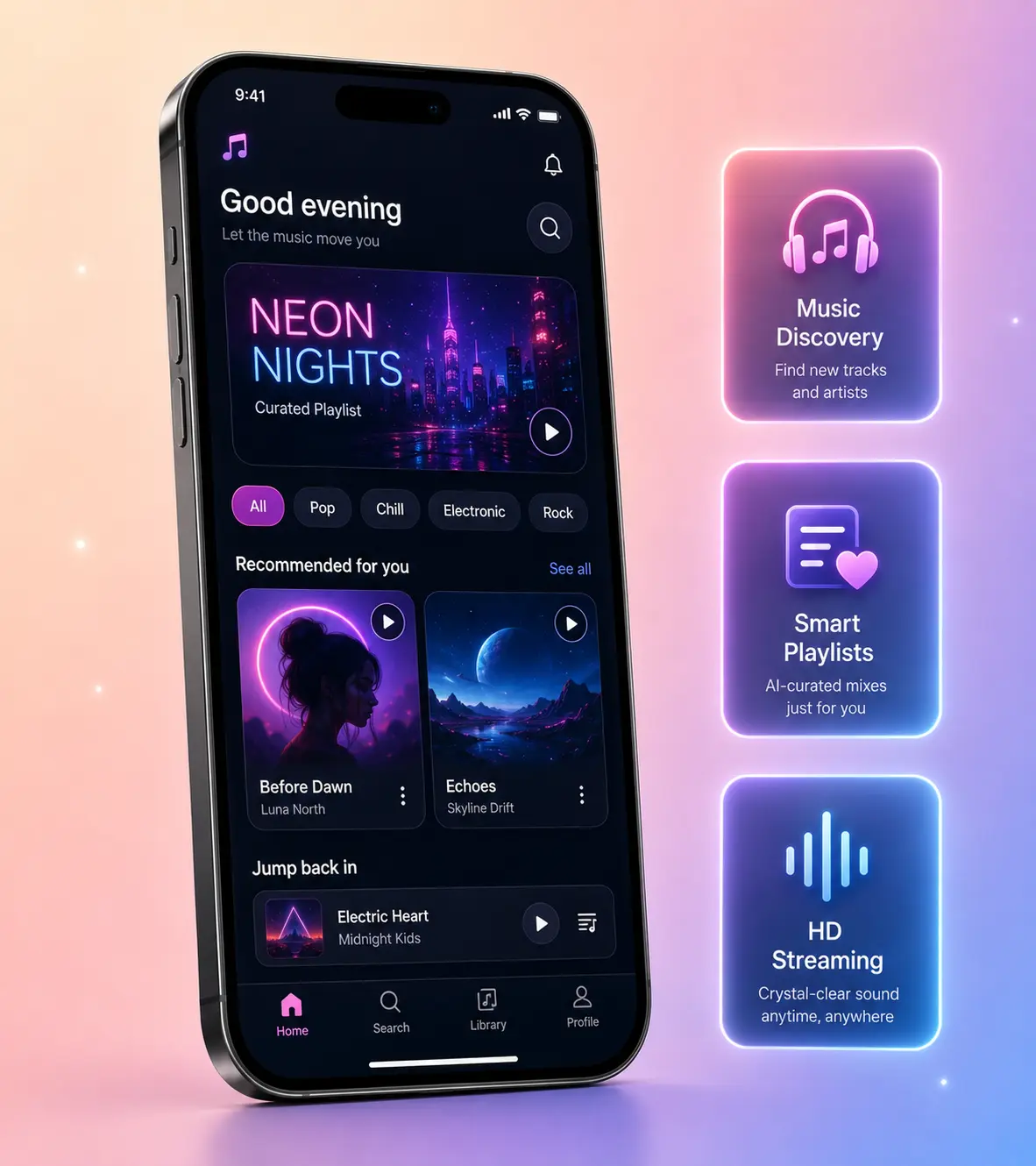 Music app development dashboard mockup by Xpertz.io