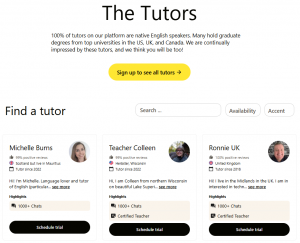 Cambly Tutor Listings Page with Search & Filtering Options