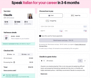 Preply Payment Interface for Booking Online Language Lessons